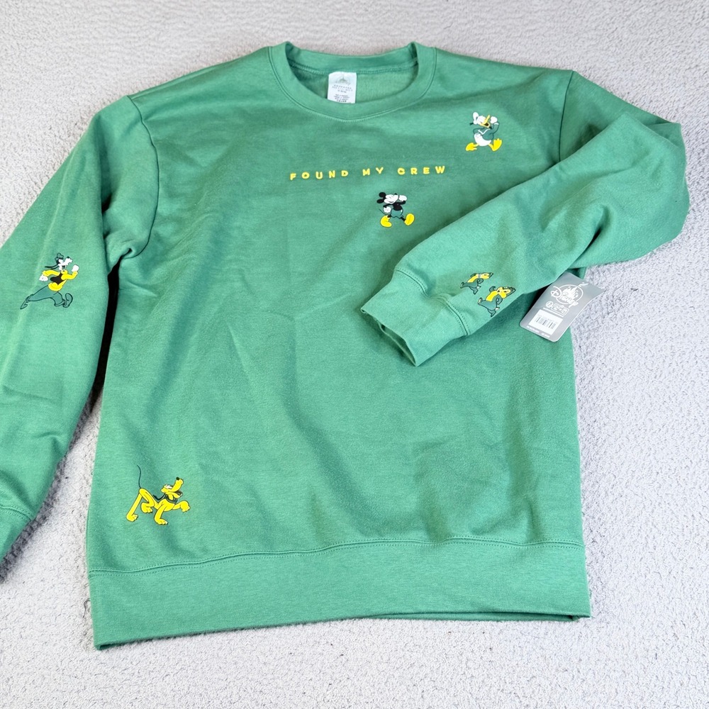 Disney Parks Sweatshirt Womens M Green Found My Crew Mickey Donald Goofy Friends